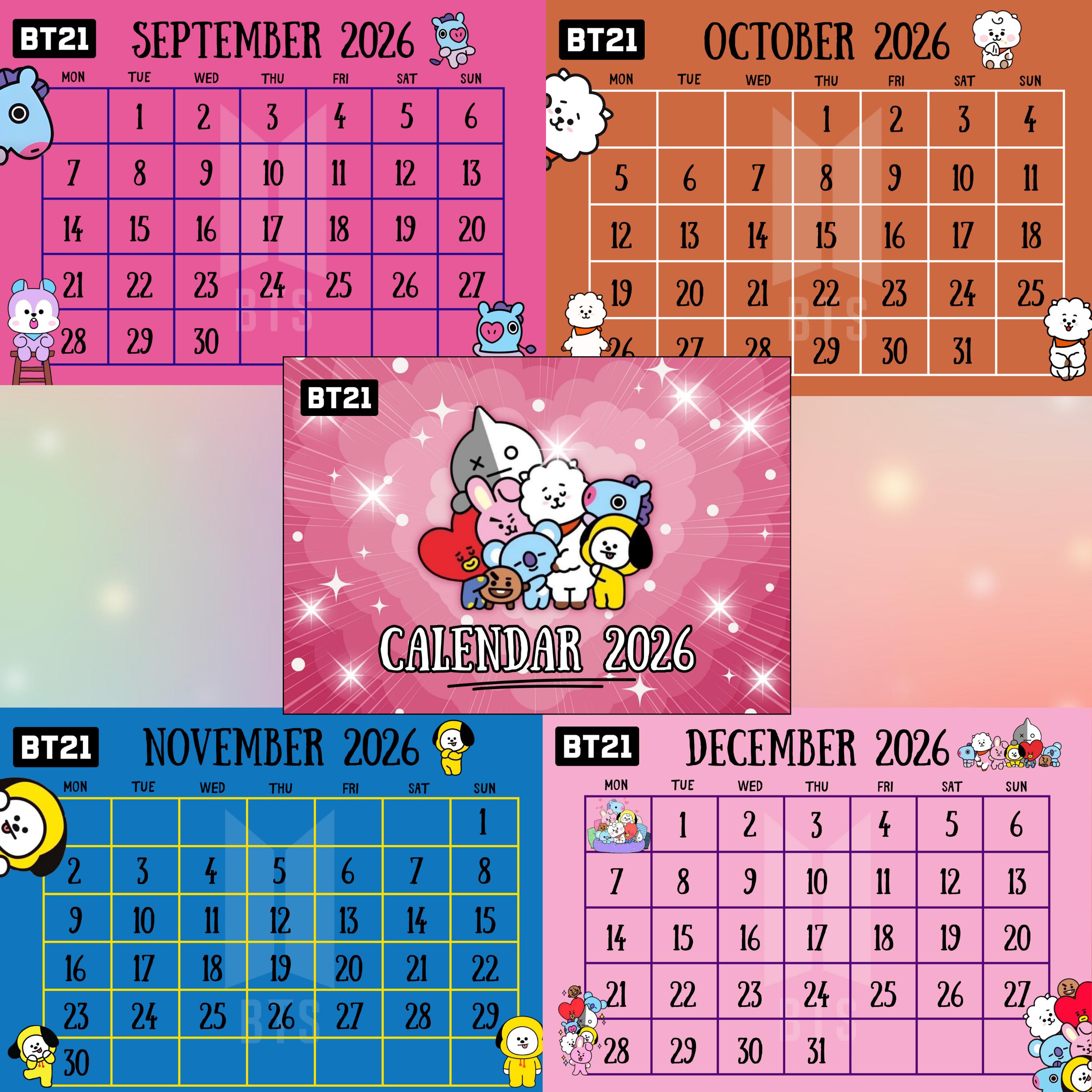 BT21 2026 Printable Calendar Cute Kawaii BTS Characters Monthly Planner ...