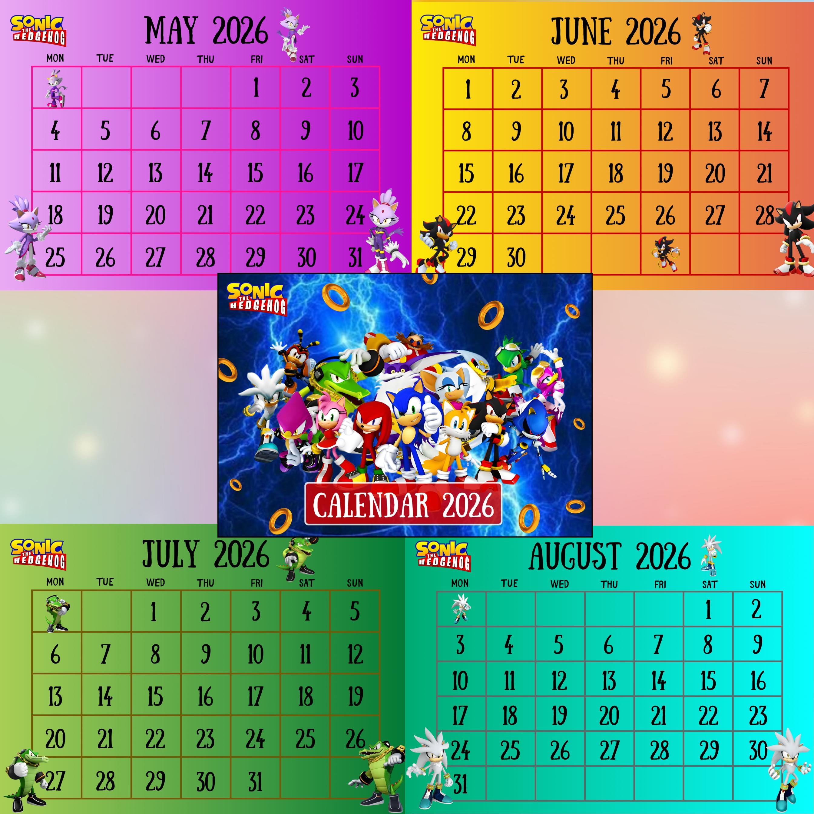 Sonic the Hedgehog 2026 Printable Calendar Sonic Wall Decor