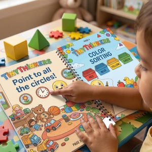 May include: A child points to a clock on a colorful Tiny Thinkers activity book. The book features illustrations of toys, a clock, and the text "Point to all the circles!" and "Color Sorting." Other toys are on the table.