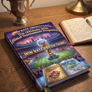 May include: A book titled "Win Rate Predictions" for the 2026 Football Tournament, with a golden trophy illustration. The book is open, revealing a map and tournament information. A silver trophy and a lamp are also on the wooden surface.