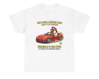 Chicken Coup Joke Tee | Chicken Driving Red Sports Car, Funny Pun T-Shirt