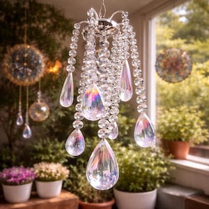 May include: A crystal chandelier with multiple strands of clear, teardrop-shaped crystals. The chandelier hangs from a silver fixture and reflects light, creating a rainbow effect. The background includes greenery and other decorative hanging objects.