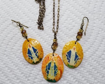 Our Lady of Grace Pysanky Egg Necklace and Earrings Set