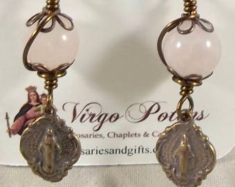 Miraculous Medal Earrings with Pink Quartz Beads Catholic Jewelry