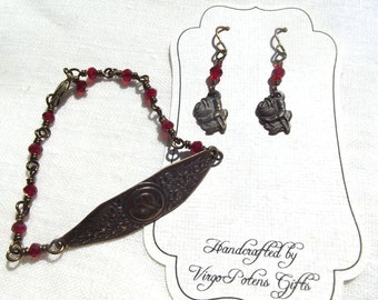 Blessed Virgin Mary Rosary Bracelet Bronze with Red Crystals