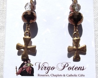 Bright Bronze Jerusalem Cross Earrings Catholic Baptism Confirmation Christmas Gift