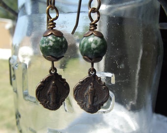 Miraculous Medal earrings w Moss Agate