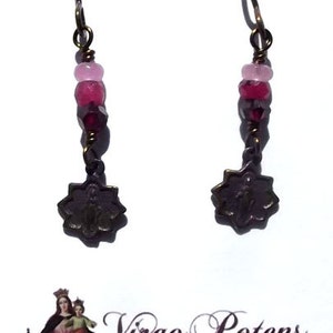 Tiny Miraculous Medal Catholic Heirloom Wire Wrapped Earrings with Garnet and Rubies Faux Vintage Antique