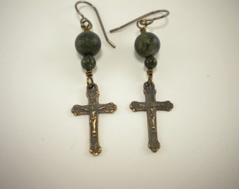 Catholic Crucifix earrings with Russian Jade