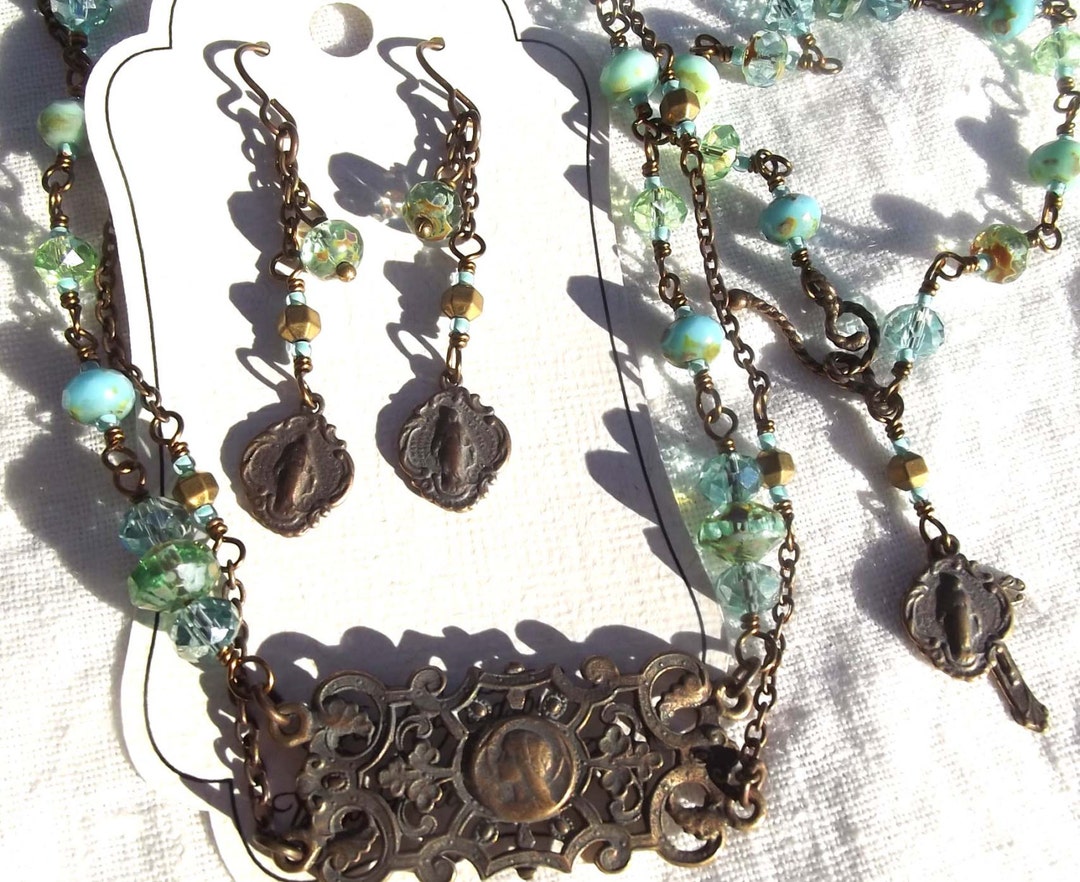 Faux Vintage Catholic Jewelry Necklace, Bracelet and Earring
