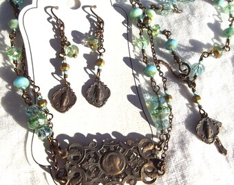 Gorgeous Faux Vintage Catholic Jewelry Necklace, Bracelet and Earring Set Wire Wrapped Heirloom Miraculous Medal