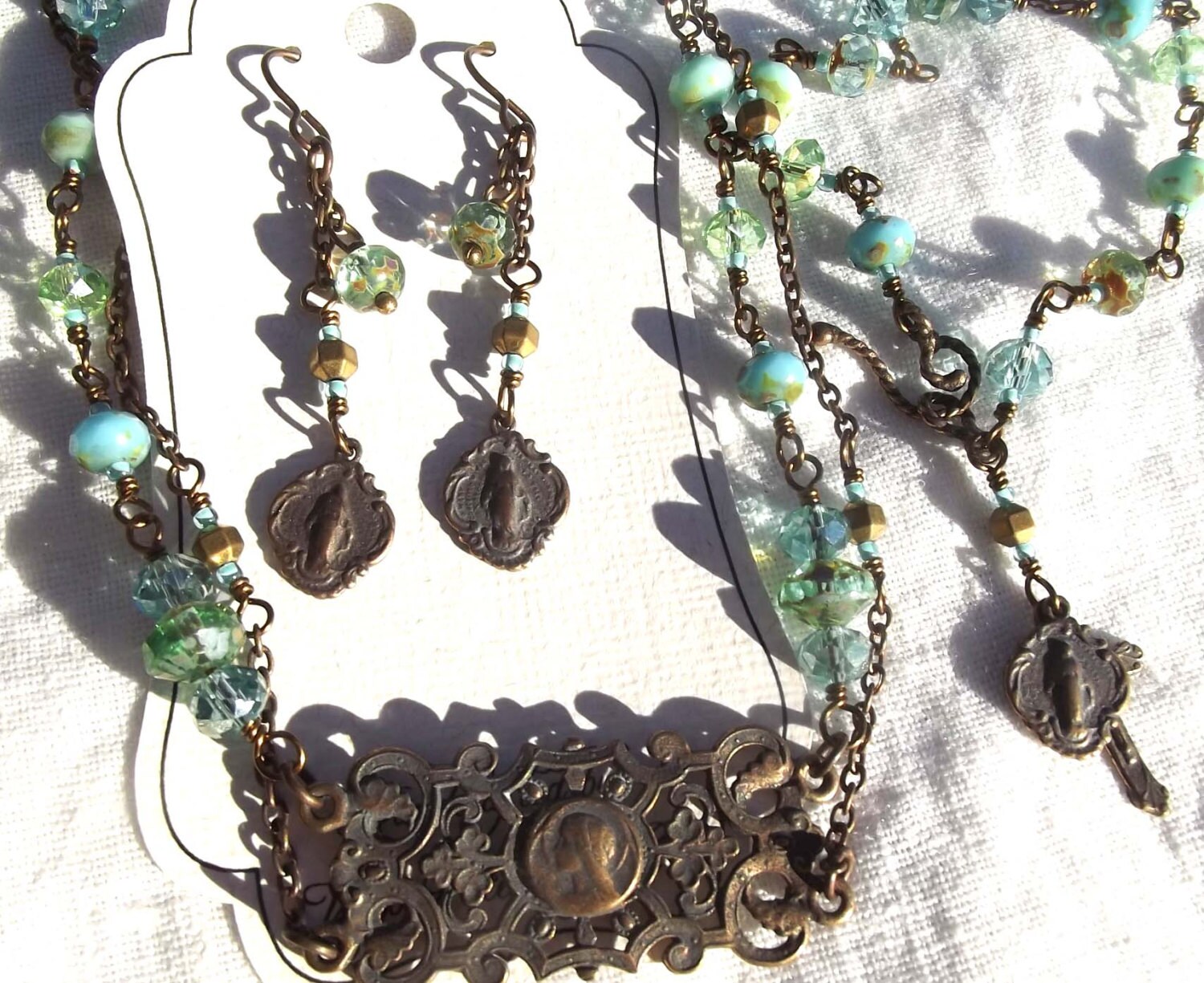 Faux Vintage Catholic Jewelry Necklace, Bracelet and Earring