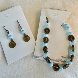 Catholic St Benedict Miraculous Medal Bracelet and Earring Set Gift Saint Benedict Virgin Mary