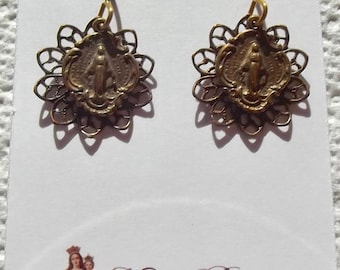 Bronze Miraculous Medal Earrings Catholic Heirloom Wire Wrapped Faux Vintage Antique Christmas Gift