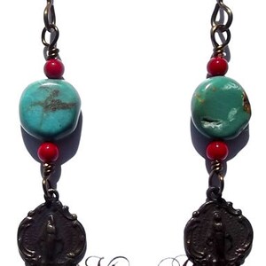 Bronze Catholic Miraculous Medal Earrings w Faux Turquoise and Coral Heirloom Wirewrapped Wire Wrapped  Faux Antique Vintage