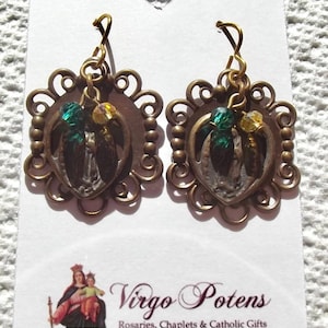 Bronze Our Lady of Gaudalupe Earrings Catholic Heirloom Wire Wrapped Faux Vintage Antique Christmas Gift