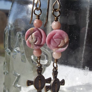 Miraculous Medal in Cross Earrings with Rhodonite