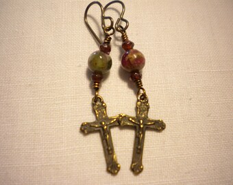 Rainbow Tourmaline Crucifix earrings with Garnet Catholic Jewelry