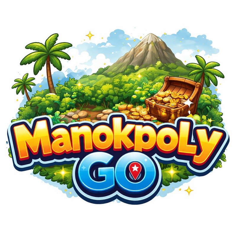 Puede incluir: Un gr&aacute;fico colorido que presenta el texto Manokpoly GO en letras amarillas y azules en negrita. El fondo representa una escena de isla tropical con una gran monta&ntilde;a, &aacute;rboles verdes exuberantes, palmeras y un cofre del tesoro de madera abierto.