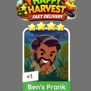 Puede incluir: Una carta de juego digital titulada Ben's Prank que muestra un personaje de dibujos animados con cabello oscuro y barba escondido entre follaje verde. La carta muestra cuatro estrellas amarillas, un indicador +1 y el texto Ben's Prank.