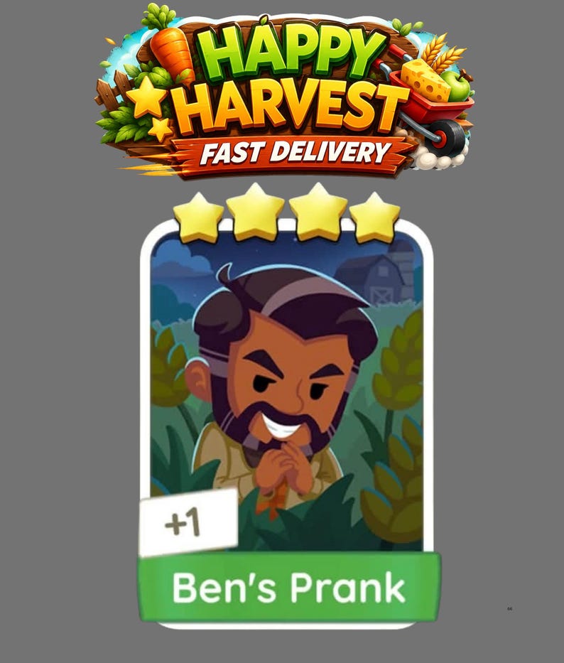 Puede incluir: Una carta de juego digital titulada Ben's Prank que muestra un personaje de dibujos animados con cabello oscuro y barba escondido entre follaje verde. La carta muestra cuatro estrellas amarillas, un indicador +1 y el texto Ben's Prank.