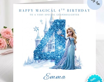 May include: A square birthday greeting card featuring a large blue glittery number 4, a light blue ice castle, and a blonde character in a blue gown. The text reads: HAPPY MAGICAL 4TH BIRTHDAY TO A VERY SPECIAL GRANDDAUGHTER and the name Emma.