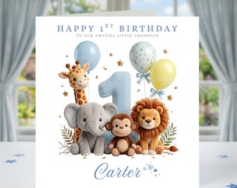 Personalised 1st Birthday Boy Jungle Theme Cute Adorable Animals Toys Card for Grandson, Son, Nephew, Godson, First Second or Third Birthday