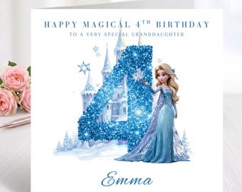 Personalised Princess 4th Fourth 4 Birthday Card, Any Age Fairy-tale princess custom name, Daughter, Granddaughter Niece, Goddaughter