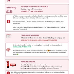 May include: An informational graphic titled POSTAGE with sections detailing dispatch times, free delivery via Royal Mail 2nd Class, time-sensitive order warnings, upgrade options including Royal Mail 1st Class and Tracked services, and a closing thank you note.