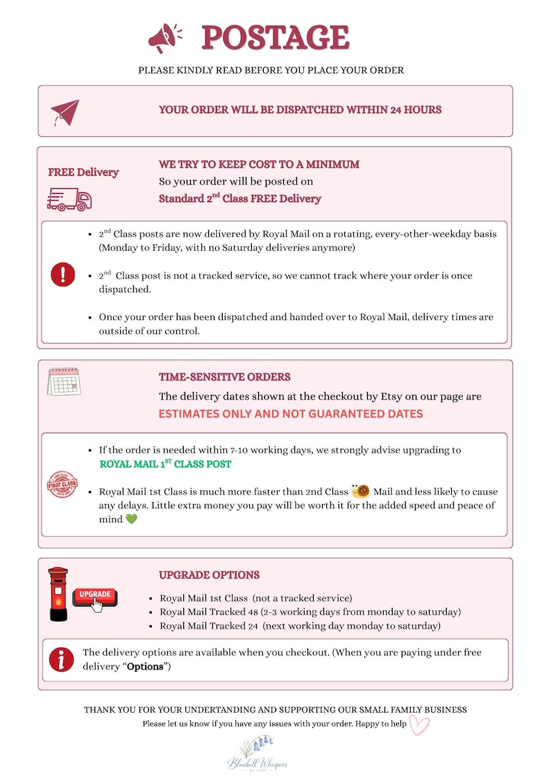 May include: An informational graphic titled POSTAGE with sections detailing dispatch times, free delivery via Royal Mail 2nd Class, time-sensitive order warnings, upgrade options including Royal Mail 1st Class and Tracked services, and a closing thank you note.