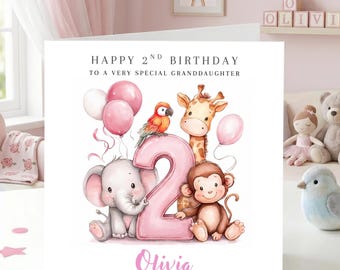 Könnte beinhalten: Eine quadratische Geburtstagskarte mit einer großen rosa Zahl zwei, einem grauen Elefanten, einem braunen Affen, einer Giraffe und einem bunten Papagei. Rosa Luftballons umgeben die Tiere. Der Text lautet: HAPPY 2ND BIRTHDAY TO A VERY SPECIAL GRANDDAUGHTER und Olivia.