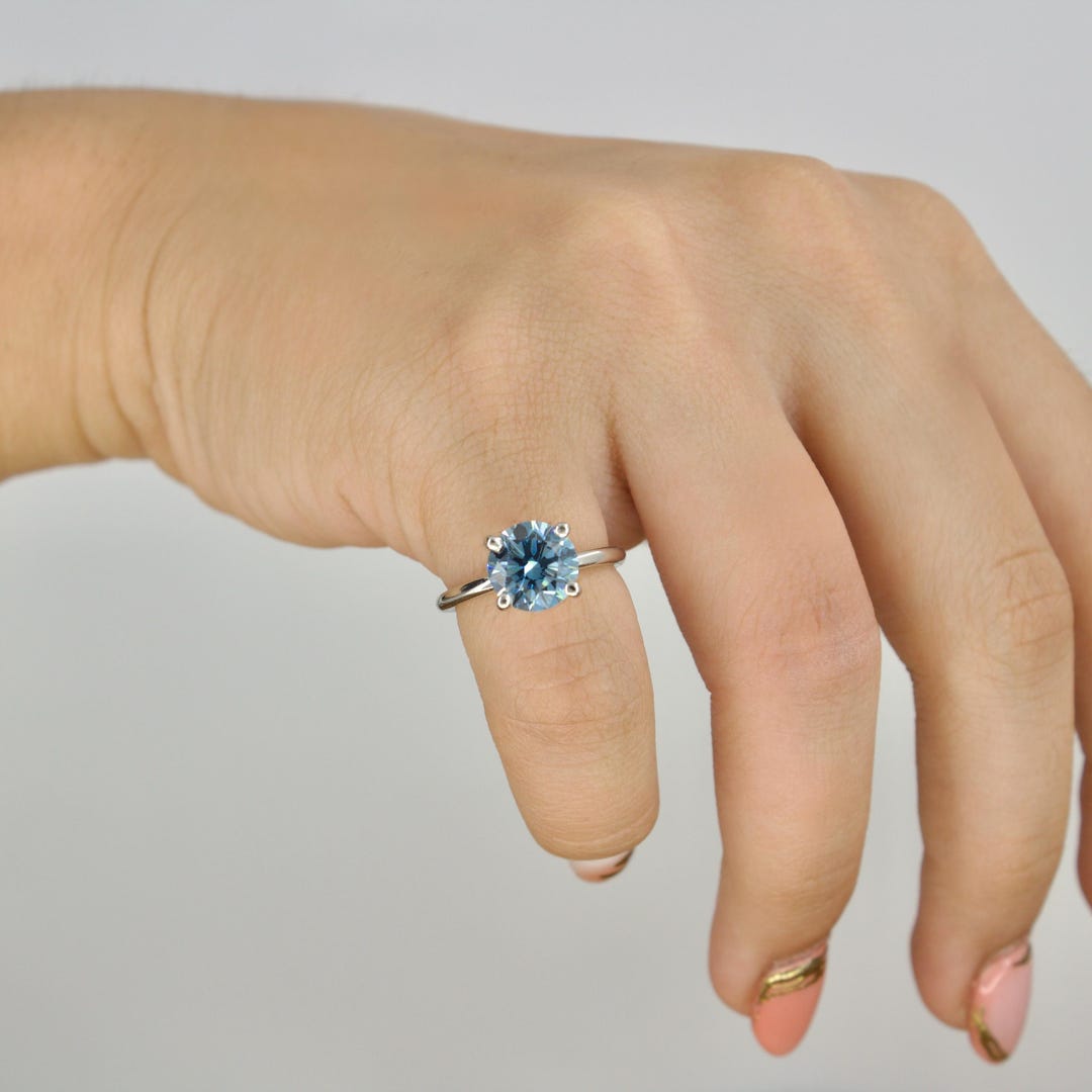 1.5 Carat Blue Lab Diamond Solitaire Engagement Ring in Solid Gold or ...