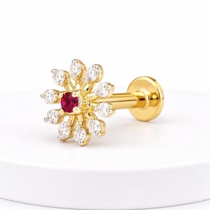 14K Gold, Red Gem Floral Flat Back Labret Stud, Solid Gold Cartilage Earring, Diamond Helix Tragus Conch Piercing, 18K Labret Stud