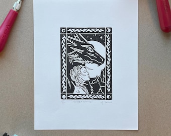 Manon & Abraxos Linosnede - 'Heks + Vertrouwd' | Glazen troon | 8 x 10 SJM-fantasykunst aan de muur