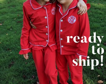 monogrammed embroidered childrens boys girls red pajamas loose fitting christmas loungewear button front - Christmas Pajamas For Girls monogrammed embroidered childrens boys girls red pajamas loose fitting christmas loungewear button front - Christmas Pajamas For Girls