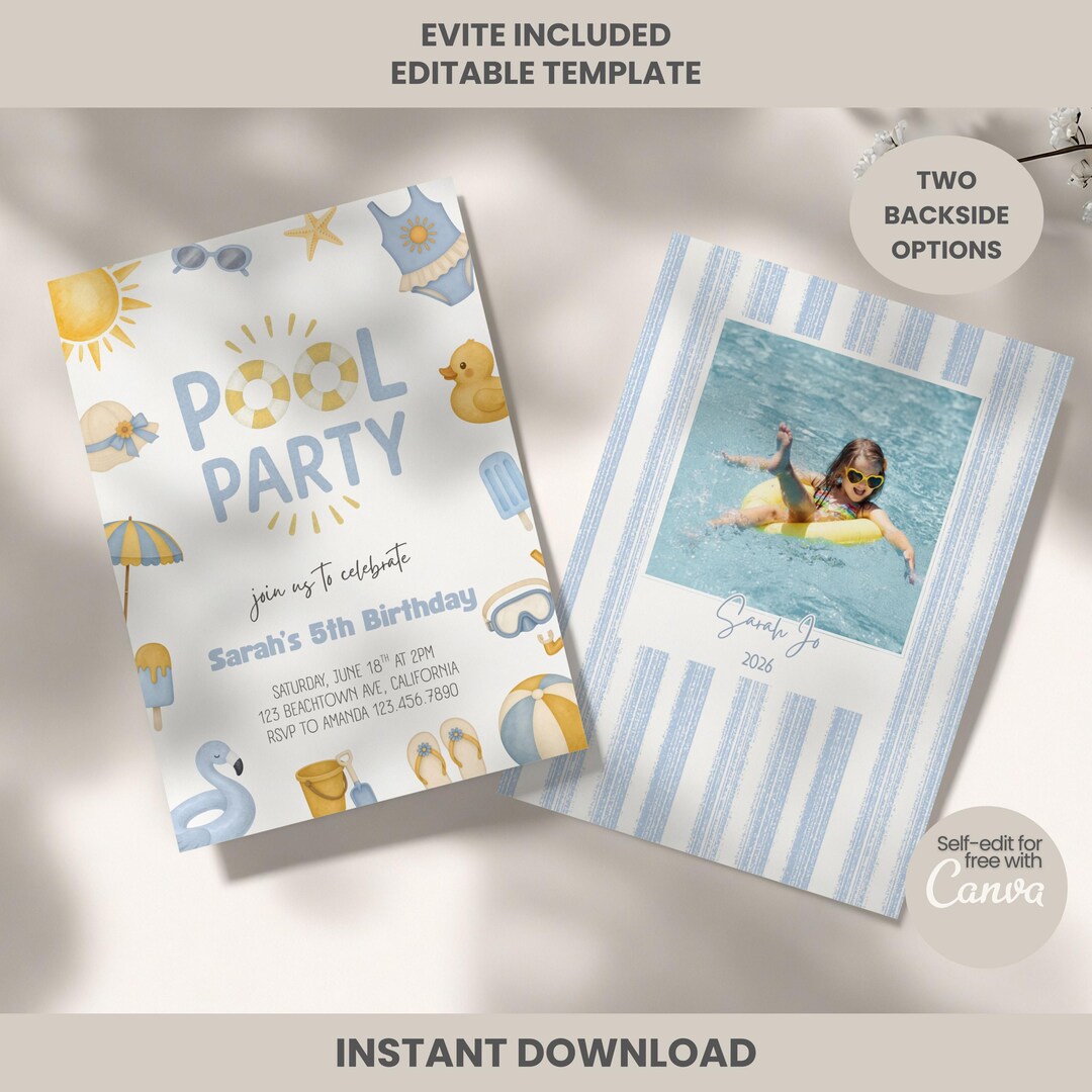 Photo Party Invitations Editable Pool Party Birthday Invitation Template With Photo, Printable ...