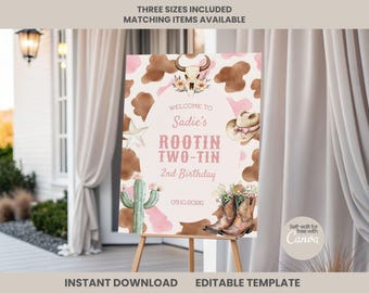 Rootin verjaardagsdecor van twee blikken, roze welkomstbord voor tweede verjaardag, afdrukbare poster meisjes, bewerkbare sjabloon voor meisjes, is niet mijn eerste rodeo WP1