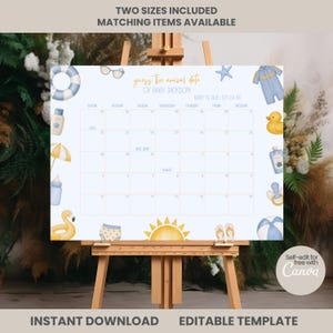 Könnte beinhalten: Ein hellblauer Babyparty-Kalender mit dem Text "guess the arrival date OF BABY JACKSON" und "BABY IS DUE: 07.24.XX". Der Kalender ist mit Aquarellillustrationen eines Rettungsrings, einer Sonnenbrille, eines Seesterns, eines Badeanzugs, einer Quietscheente, Sonnencreme, eines Sonnenschirms, einer Babyflasche, eines Flamingo-Schwimmrings, einer Sonne, Flip-Flops und eines Strandballs verziert.