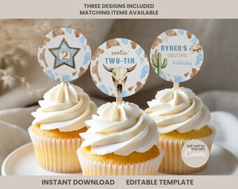 Mein zweites Rodeo Cupcake Toppers, bearbeitbares Western Thema Geburtstagsdekor Junge, druckbare Cowboy Partydekorationen, Dessertetiketten wb1