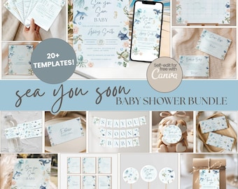 Paquete para baby shower "Sea You Soon", conjunto de invitaciones editables con temática marina, kit de decoración, decoraciones imprimibles con temática oceánica, letreros para juegos y más SYS05