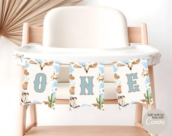 Mein erstes Rodeo Banner für Jungen, Hochstuhl Kuchen Smash Geburtstagsdekor Vorlage, bearbeitbare Wild West 1st Bday Dekorationen für Hochstuhl wb1