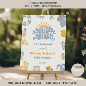 May include: A white rectangular baby shower sign featuring the text Splish Splash it's a baby bash! Welcome to Brittany Jackson's Baby Shower 06.18.20XX. The design includes illustrations of a life ring, sunglasses, starfish, swimsuit, duck, and beach ball.