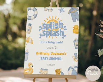 Splish Splash babyshower welkomstbord, zomer baby bash strand thema afdrukbaar decor, zomerfeest entree decoraties, canvas sjabloon SS03