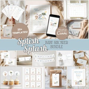 May include: A baby shower bundle with the text "Splish Splash" and "Baby Shower Bundle". The image includes invitations, cupcake toppers, thank you cards, and a banner. The design features illustrations of animals and tropical elements.