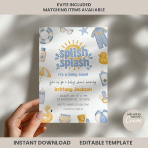 Puede incluir: Una plantilla de invitación para baby shower con el texto Splish Splash it's a baby bash! Brittany Jackson. El diseño incluye ilustraciones de sol, gafas de sol, estrella de mar, traje de baño, patito de goma, protector solar, sombrilla, biberón, chupete, flotador de flamenco, pañal, cubo y pelota de playa.