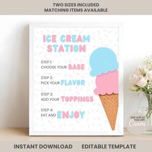 May include: A framed sign with an ice cream station theme. The sign features the words "ICE CREAM STATION" in blue and pink, along with instructions: "Choose your base," "Pick your flavor," "Add your toppings," and "Eat and enjoy." An ice cream cone graphic is also included.