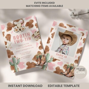 May include: Two rectangular birthday invitation templates featuring a pink and brown cow print background. The left card displays a bull skull, cowboy hat, and boots with text reading ROOTIN TWO-TIN. The right card features a photo frame.