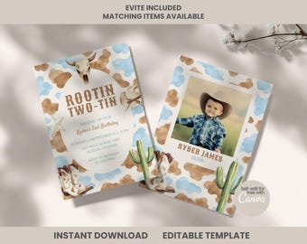 Rootin Geburtstagseinladungsvorlage mit Foto, bearbeitbar Es ist mein zweiter Rodeo Bday Invite Boy, Western Cowboy Theme Digital Evite wb1