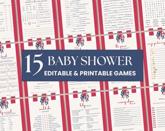 Alle amerikanischen Mädchen-Babyparty-Spiel-Bundle, druckbare Rot Weiß und Due Sprinkle-Aktivitäten, bearbeitbares Patriotisches Thema, Vierter Juli AAG02