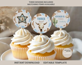 Drei Haw Geburtstags Dekor Cupcake Toppers, druckbare Wilder Westen Dessert Etiketten, blau Western Cowboy dritten Geburtstag Dekorationen, Gastgeschenke UP1